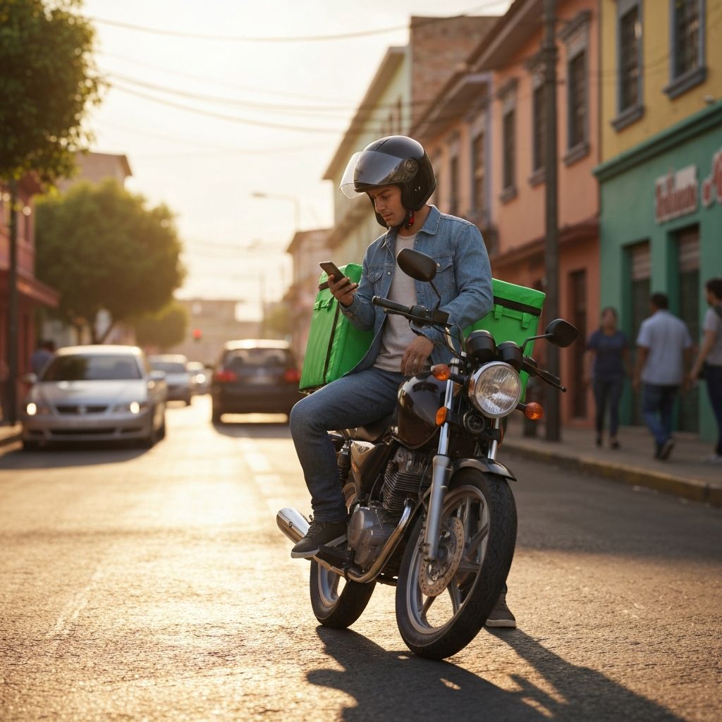 Repartidor revisando su teléfono en la moto